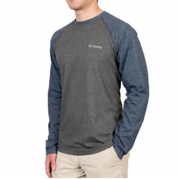 Columbia Men's Long Sleeve Raglan Tee Blue Gray - Picture 2 of 12